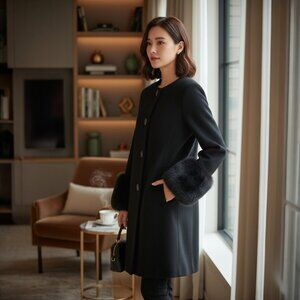 Dale Dressin Black Fox Fur Cuffs Cashmere Wool Belt Designer Coat Size 12.R